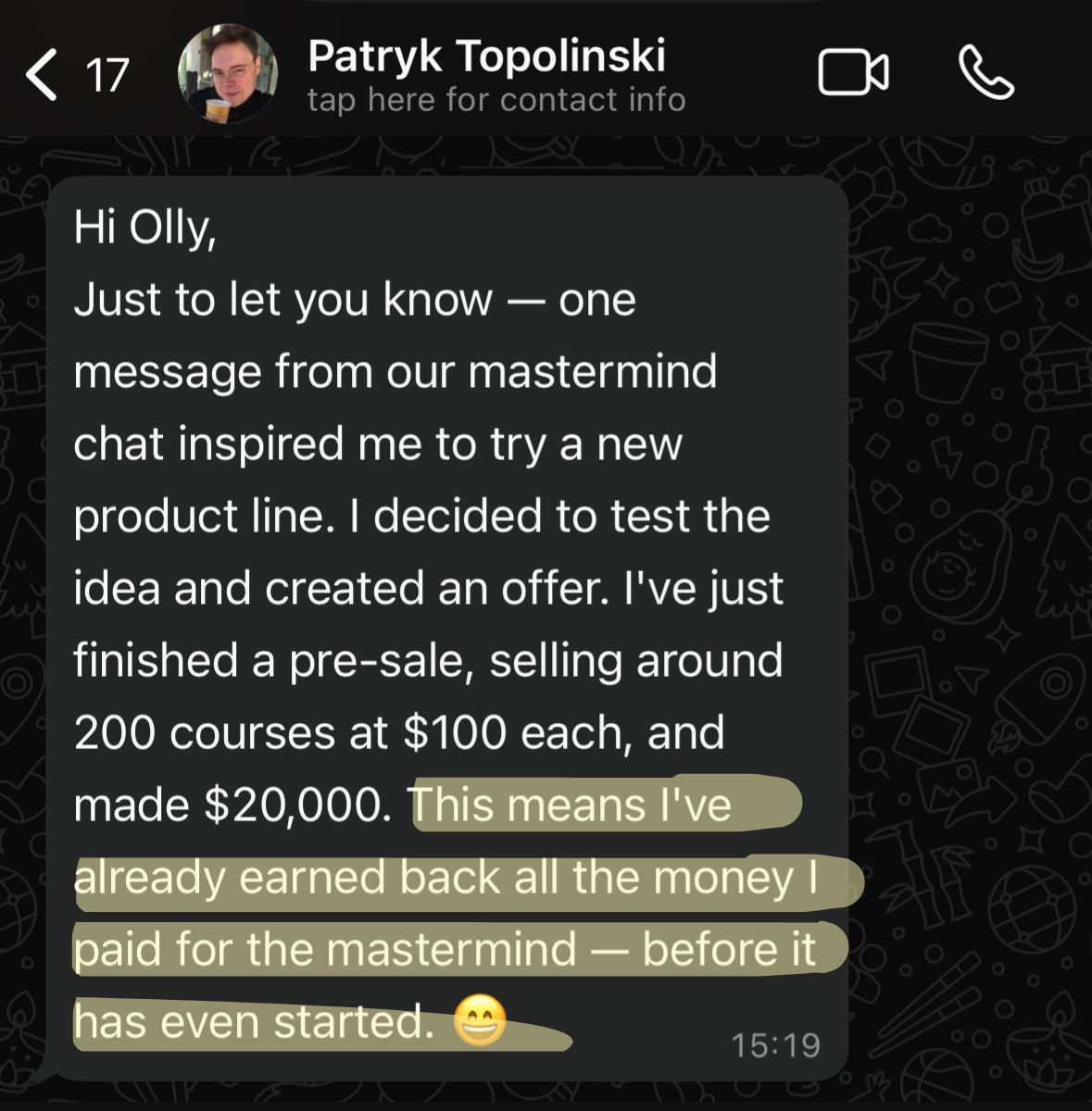 Patryk mastermind testimonial